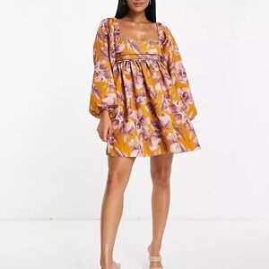 ASOS Design Square Neck smock mini dress water color floral size 4